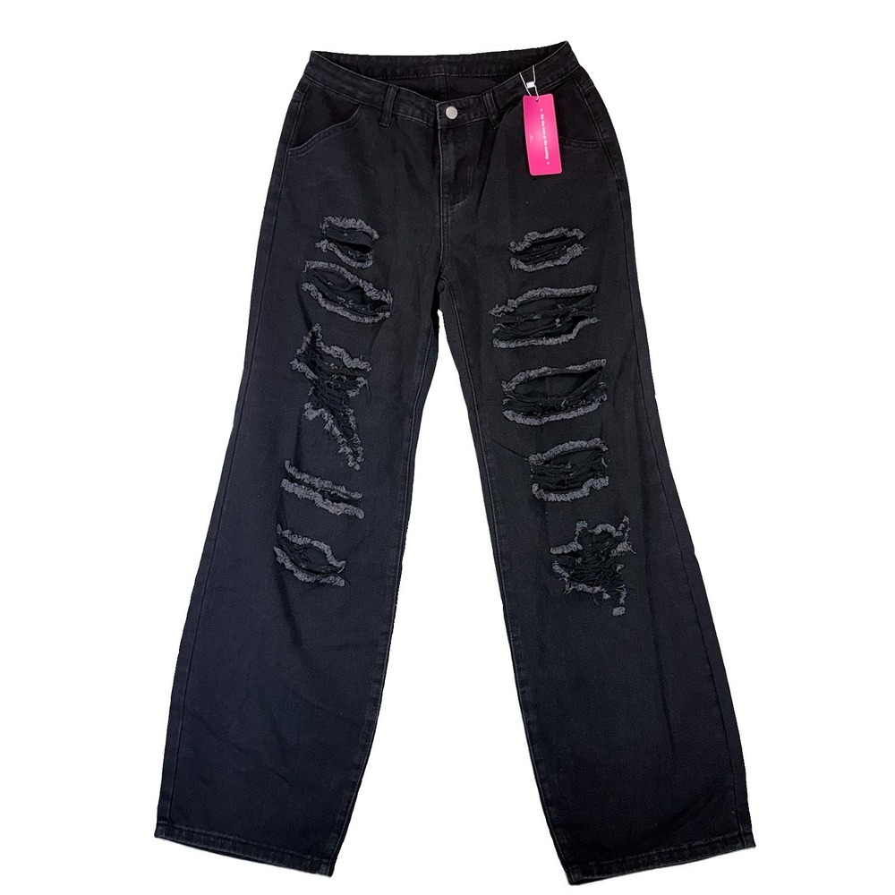 Women's Size 30 Black Distressed Ripped Straight Leg Jeans Y2K Grunge SHEIN ICON